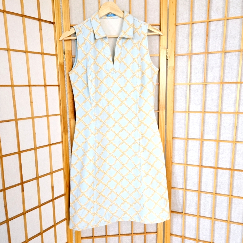 Elegant Collared Bamboo Print Dress in Light Blue and Gold (S)